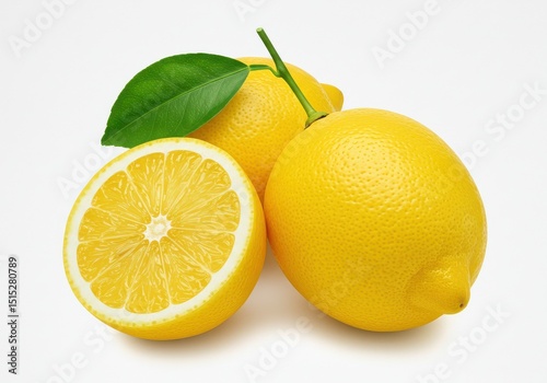 Fresh lemons, one cut in half, isolated on white background