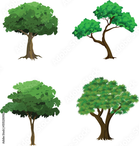 Cartoon Tree Vector Set with 4 Stylized Green Leafy Trees for Animation Backgrounds, Village or Jungle Game Assets, Nature Explainers, Storybook Scenes, or Educational Landscape Illustrations

