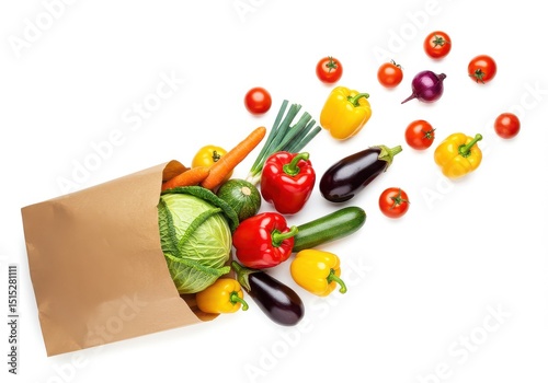 Fresh vegetables spilling out of a brown paper bag isolated on white background
