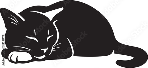 Sleeping cat silhouette peaceful pose, Resting cat black and white minimal sketch