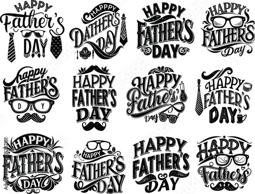 Happy Father’s Day vector design set featuring bold typography, black silhouettes, perfect for T-shirts.