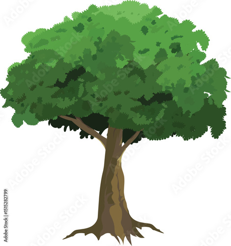 Green Tree Vector with Thick Foliage and Brown Trunk for Cartoon Animation, Jungle Backgrounds, Village Nature Scene, Educational Explainers or Game Environment Design

