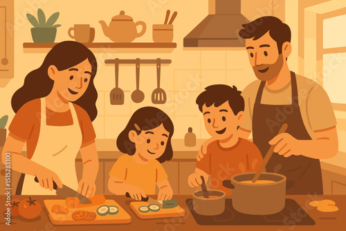 Happy family cooking together in warm cozy kitchen illustration