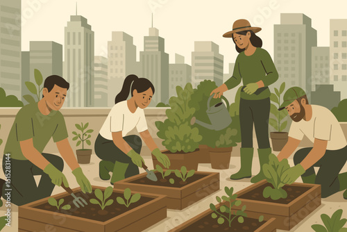 Illustration of people gardening on a rooftop in the city