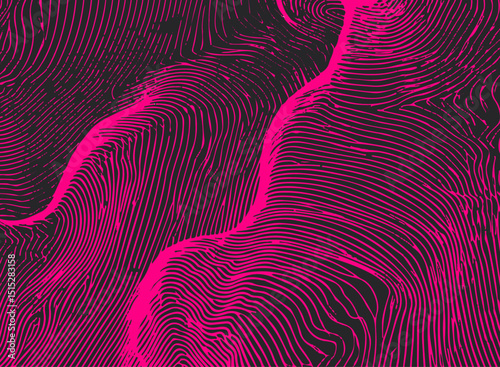 Vector illustration of wavy neon pink lines on black, creating a hypnotic, surreal pattern in modern digital op art style. This bold, rave-inspired aesthetic is popular in today’s visuals.
