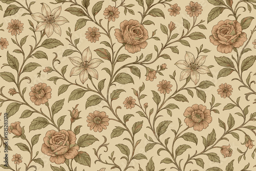 Vintage floral pattern with hand-drawn roses and lilies