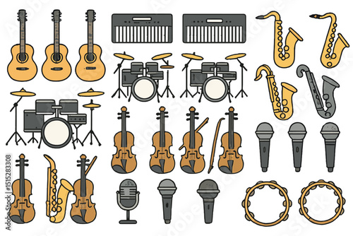 Hand-drawn set of musical instruments and microphones