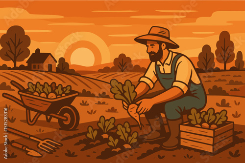 Farmer harvesting carrots in field at sunset in vintage style