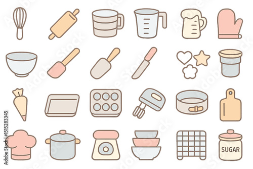 Soft pastel icon set of baking tools and kitchen utensils
