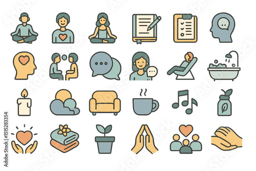 Set of self-care and mental wellness icons in soft colors