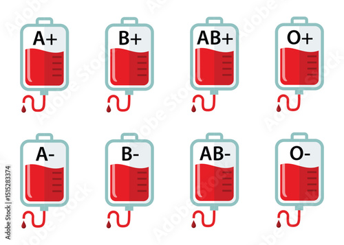 Eight clear illustrations of blood bags with tubes, each labeled with a specific blood type (a+, b+, ab+, o+, a-, b-, ab-, o-), representing medical donations.