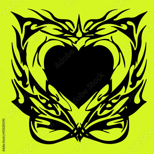 Vector illustration of a black heart framed by sharp, abstract cyber sigilism and neo tribal shapes on neon yellow, capturing the bold, trendy Y2K and cyber-inspired digital art style of today.