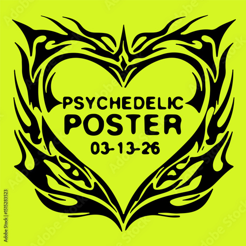 Vector illustration of a black frame in cyber sigilism and neo tribal style over neon yellow. Bold lines and futuristic shapes reflect the Y2K and cyber-aesthetic trend in design today.