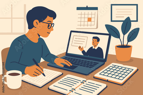 Man attending online class and taking notes at home desk