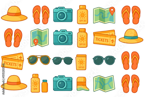Seamless travel and vacation icons pattern with summer theme