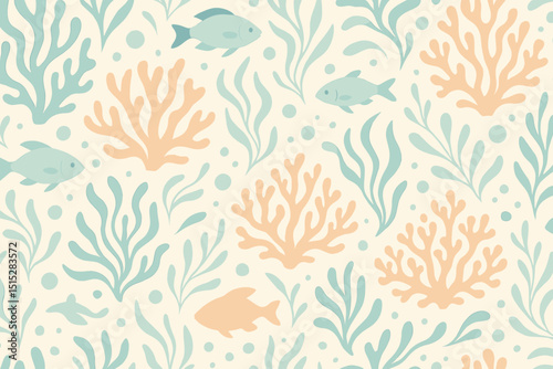 Seamless underwater pattern with coral, fish, and seaweed