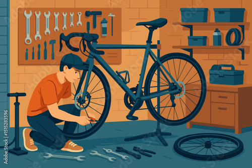 Man repairing bicycle in garage workshop illustration
