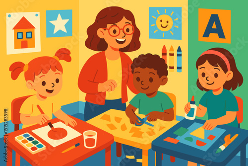Preschool children doing arts and crafts with teacher
