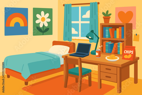Cozy student bedroom with desk, laptop, and books