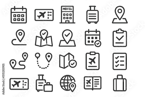 Travel and itinerary icons in outlined style on dark gradient background