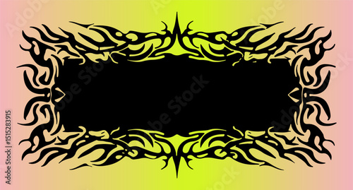 Vector illustration of a black frame in cyber sigilism and neo tribal style over neon yellow. Bold lines and futuristic shapes reflect the Y2K and cyber-aesthetic trend in design today.