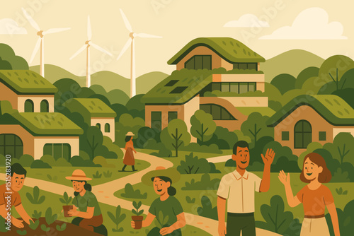 Eco village scene with green rooftops, gardening, and wind turbines