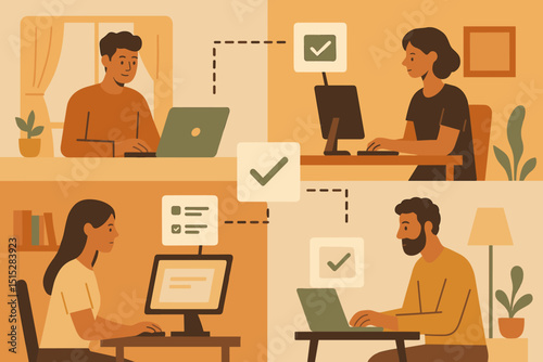 Illustration of remote team collaboration with people working online