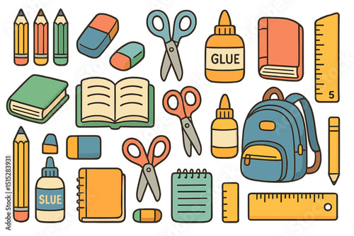 Colorful school supplies icons with books, glue, rulers, and scissors