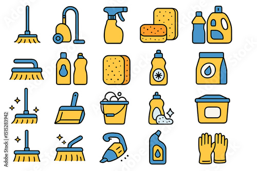 Colorful cleaning tools and detergent icons in flat style