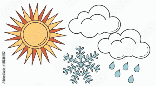 Complete weather icon set with sun, clouds, rain and snow in colorful flat design

