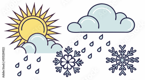 Complete weather icon set with sun, clouds, rain and snow in colorful flat design

