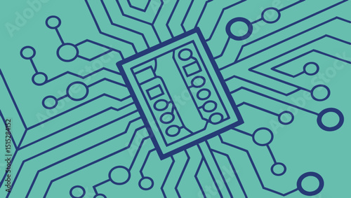 Digital circuit board design with connected nodes showing technology and connectivity

