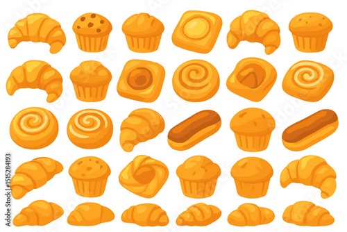 Cute illustrated set of pastries, muffins, and croissants