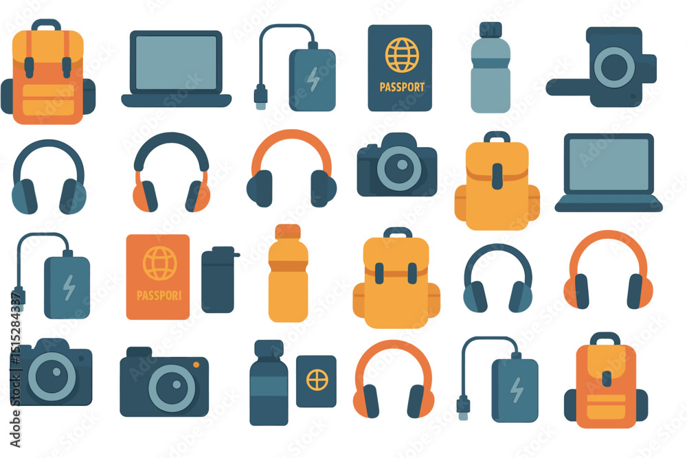 Flat design icons of travel gear and digital accessories Flat design icons of travel gear and digital accessories