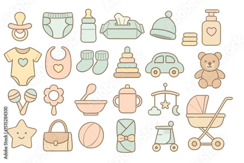 Soft pastel baby icon set with essentials, toys, and care items