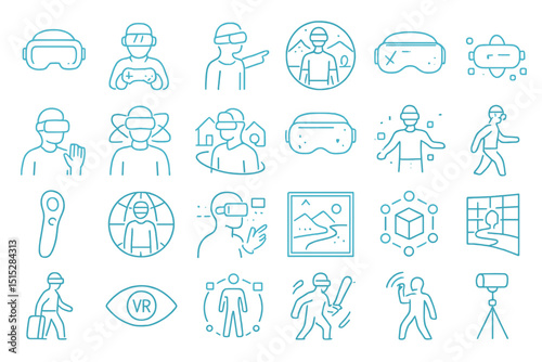 Neon-style icons of virtual reality and immersive technology