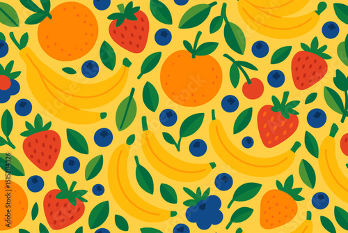 Bright seamless fruit pattern with bananas, berries, and oranges