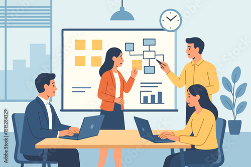 Team discussing project plan during office presentation
