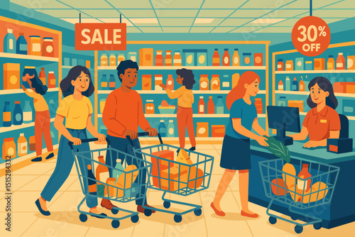 Flat vector scene of people shopping in a supermarket