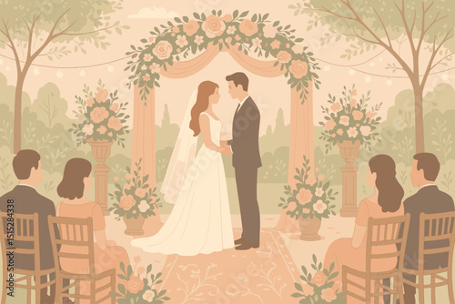 Romantic flat illustration of garden wedding ceremony