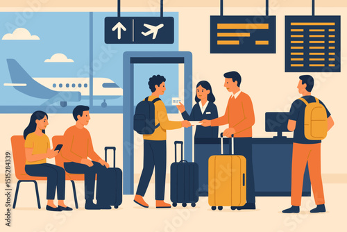 Flat vector illustration of airline passengers at boarding gate
