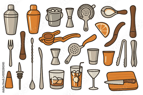 Hand-drawn bar tools and cocktail glasses on brown background