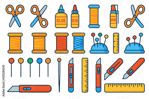 Bright sewing tools and craft icons in flat design
