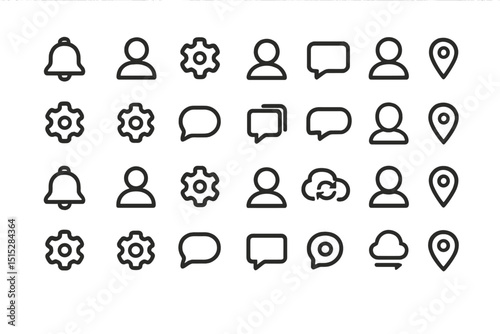 Dark outline UI icons for notifications, chat, and settings
