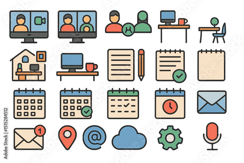 Flat icon set for remote work and online productivity tools
