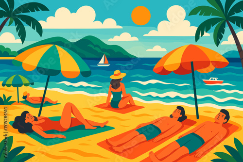 People relaxing on tropical beach under umbrellas