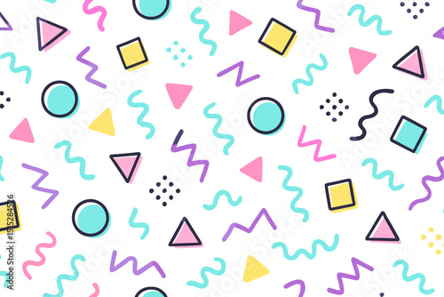 Seamless retro Memphis pattern with colorful abstract shapes