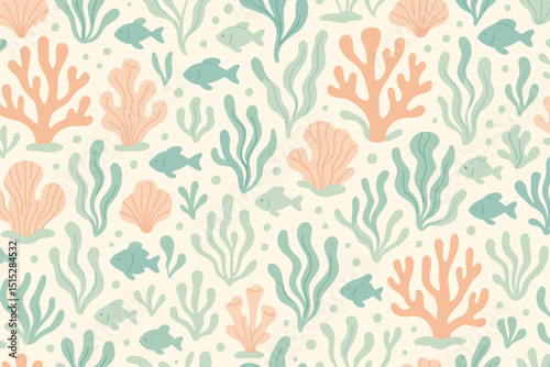 Seamless undersea pattern with coral, fish, and seaweed