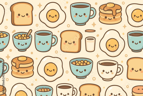 Seamless kawaii breakfast food pattern with cute faces