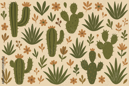Vintage cactus and desert flower seamless pattern